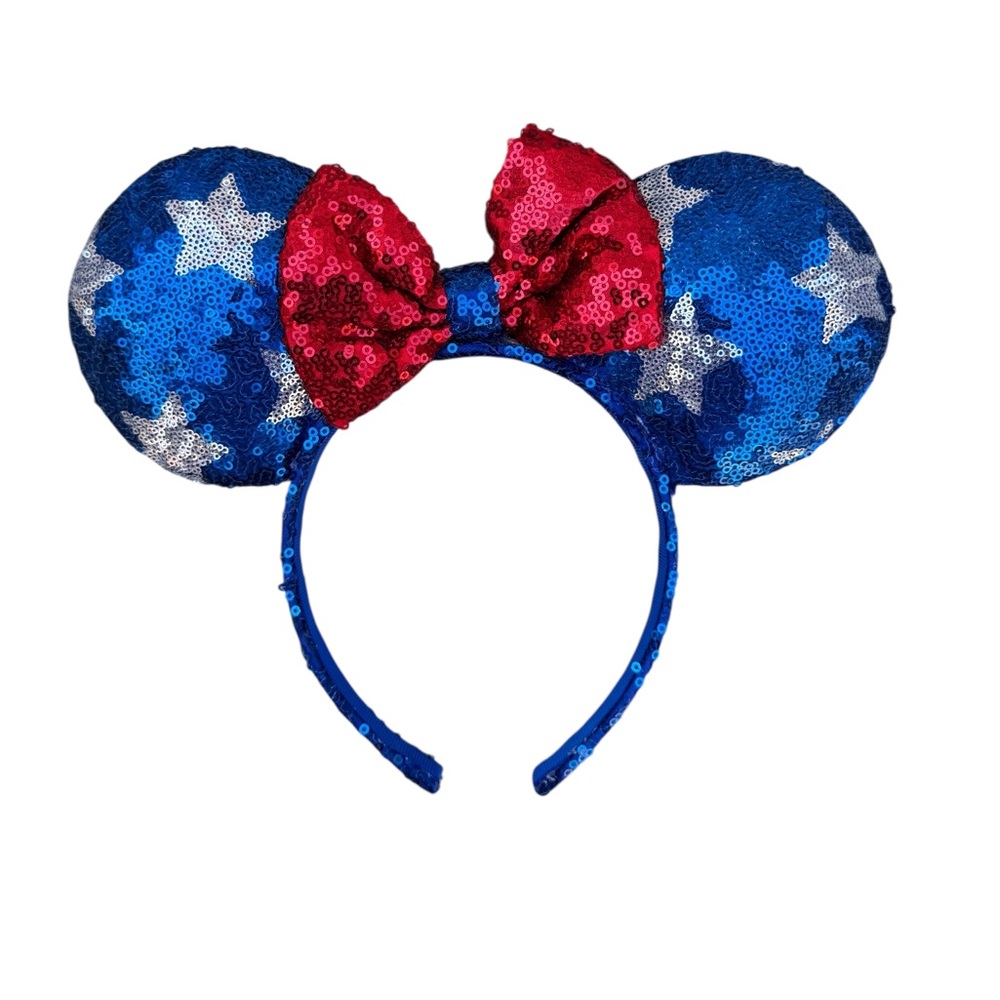 Disney Parks Minnie Mouse Patriotic Stars Sequin Ears Headband Red Bow